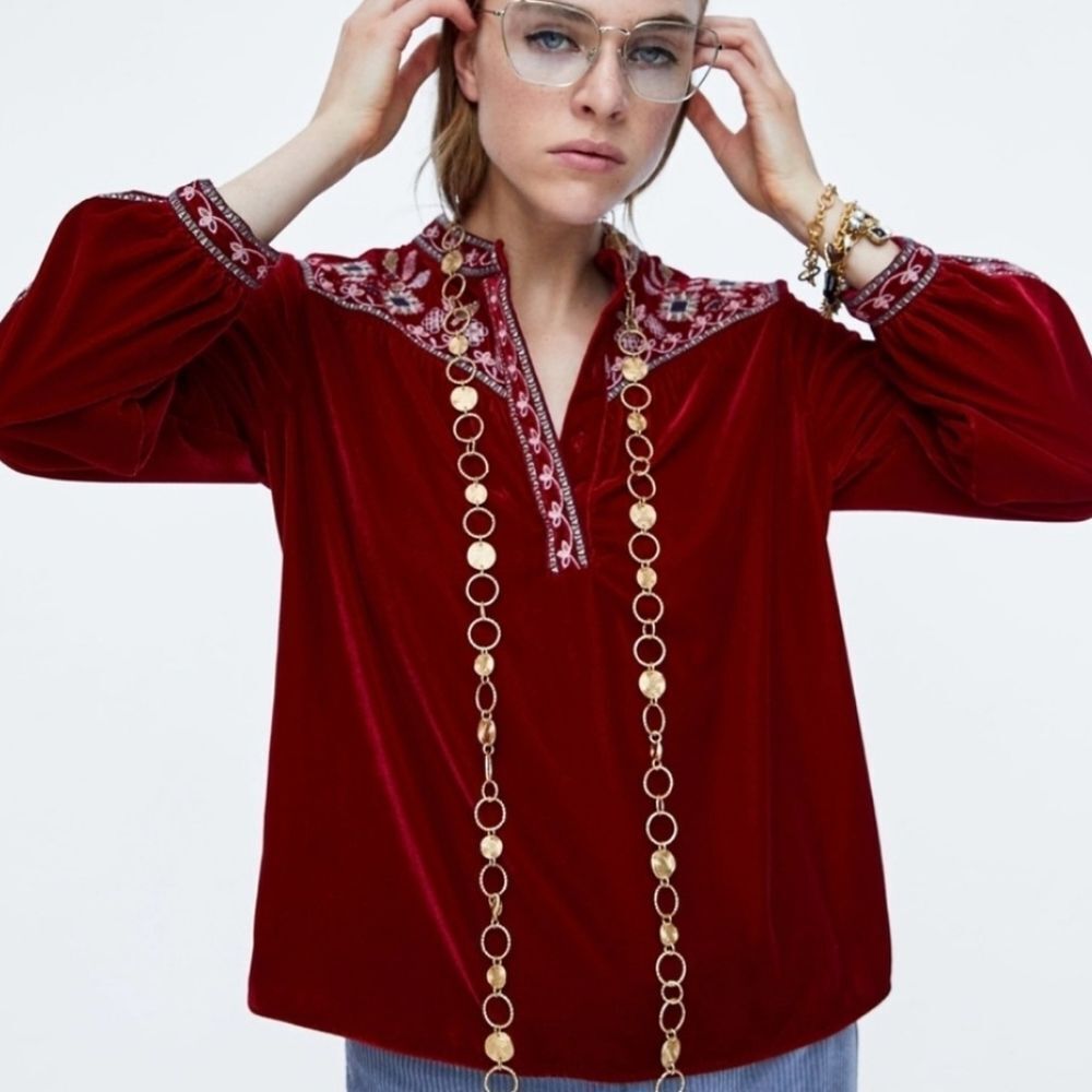 Zara Embroidered Velvet Top L Red Western Cowgirl Chic Rodeo Boho‎ Retro 70s
